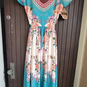 Antix (Brazil). Floral Maxi Dress with Blue and Pink Accents